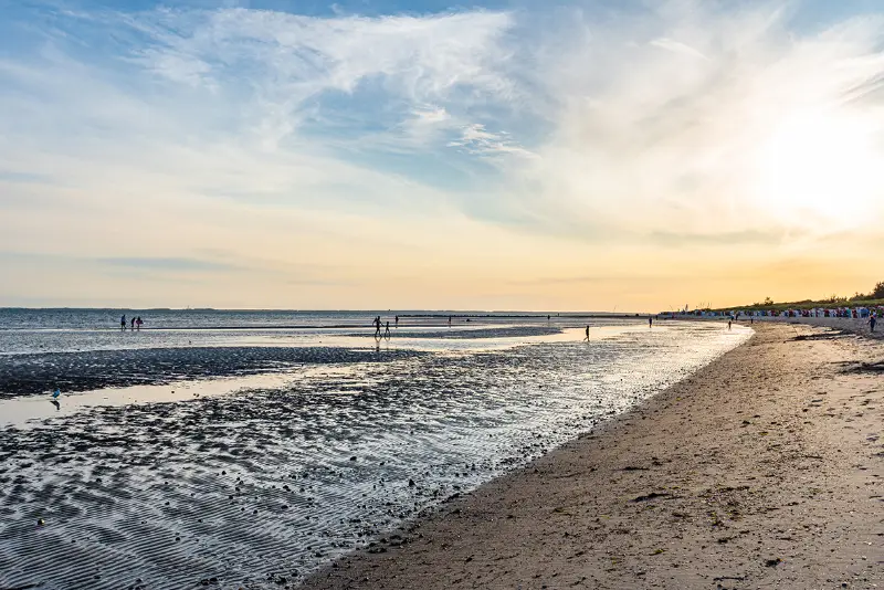 nieblum foehr strand meer nordsee Abendstimmung an der Nordsee mit Strand und Watt, im Hintergrund Menschen beim Spaziergang.